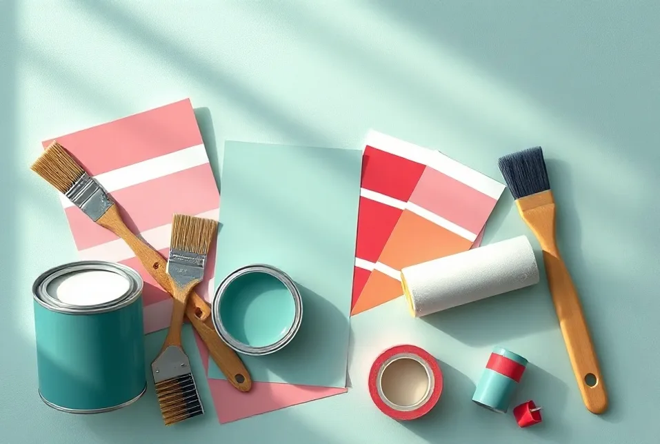 Pots de peinture, nuancier, brosses et rouleaux disposés à plat