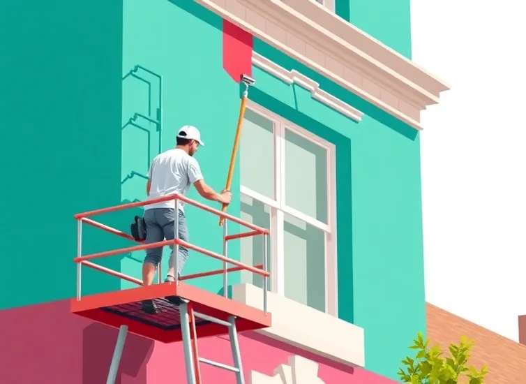 Peintre sur échafaudage traitant la façade d'une maison